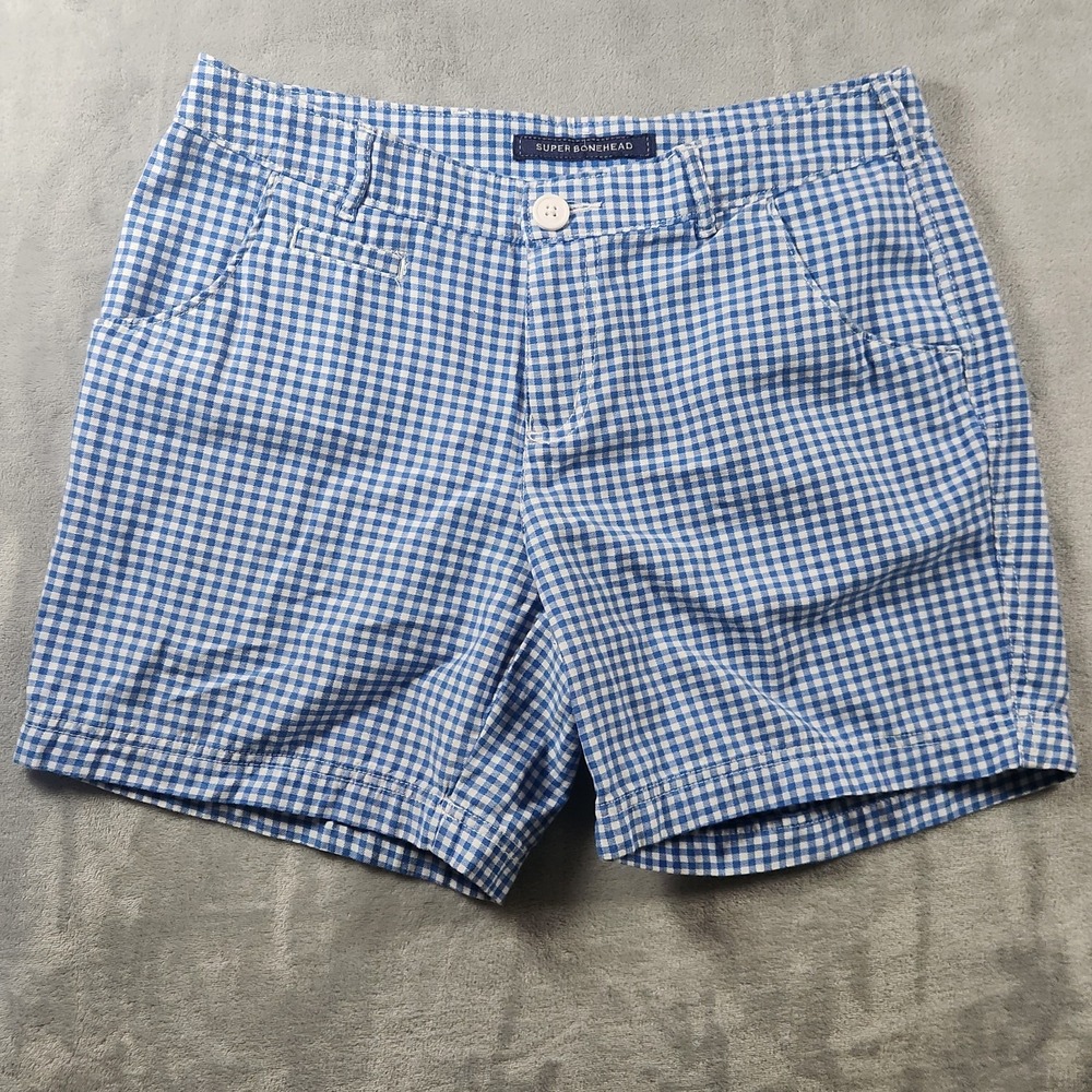 Columbia Super‎ Bonehead Women's Size 6 Shorts Active Blue/ White Checked